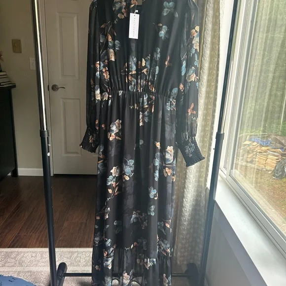 Baltic Born Navy Floral Maxi Dress - High Neck, Ruffle Hem, Gauzy Sleeves - Picture 4 of 5